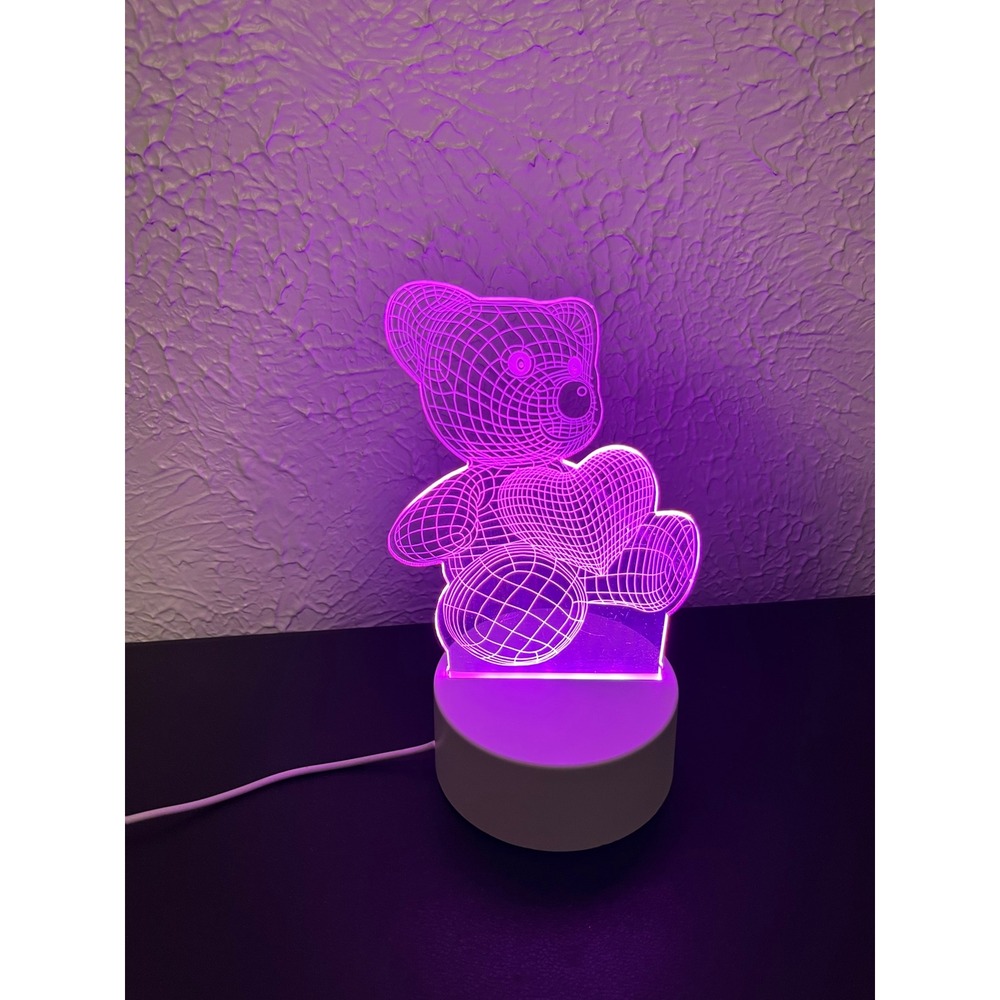 3D Optical Illusion Teddy Bear Heart LED Night Light Purple USB Powered Lamp
